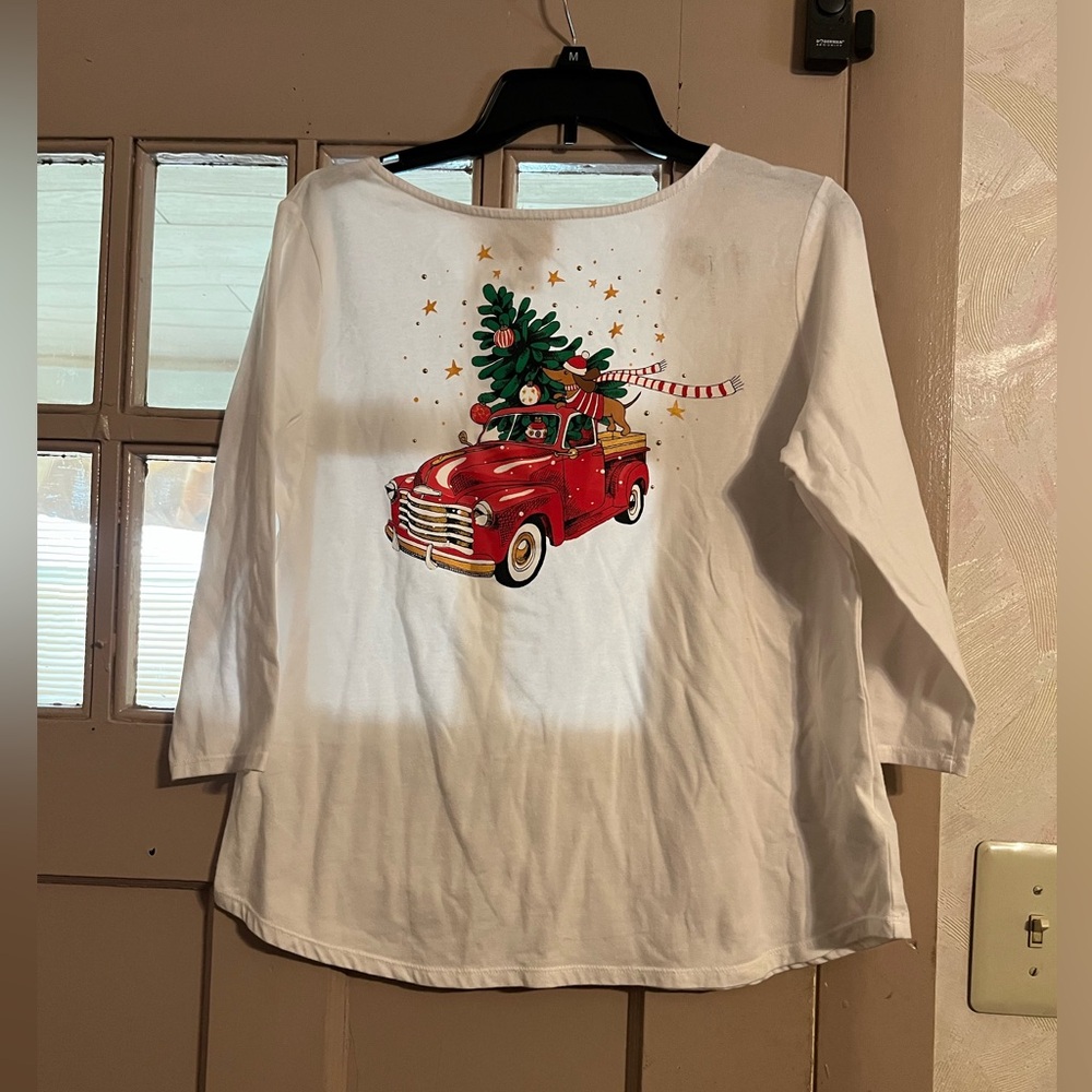 Ruby Rd. White Long Sleeve Tee with Red Vintage Truck and Tree Graphic